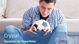  Presentation with computer games - Amazing PPT theme having young man playing computer games at home backdrop and a ocean colored foreground