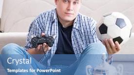  Presentation with computer games - Presentation design consisting of young man playing computer games at home background and a teal colored foreground