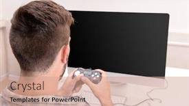  Presentation with computer games - PPT layouts enhanced with young man playing computer games at home background and a coral colored foreground