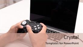  Presentation with computer games - Cool new PPT layouts with young man playing computer games at home backdrop and a coral colored foreground