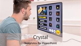  Presentation with computer games - Beautiful PPT theme featuring young man playing computer games backdrop and a  colored foreground