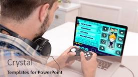  Presentation with computer games - Beautiful PPT layouts featuring young man playing computer games at home backdrop and a coral colored foreground