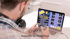  Presentation with computer games - Presentation theme with young man playing computer games at home background and a coral colored foreground