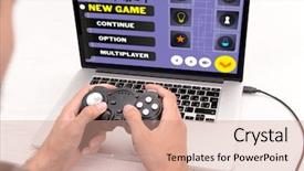  Presentation with computer games - PPT theme featuring online gaming - young man playing computer games background and a coral colored foreground