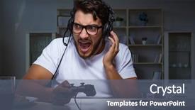  Presentation with video game 3d play games - PPT layouts featuring young man playing games long background and a ocean colored foreground