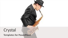  Presentation with jazz - Amazing PPT layouts having young man playing on saxophone backdrop and a light gray colored foreground