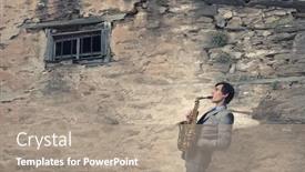  Presentation with house window - Colorful slide deck enhanced with young man playing saxophone near window of old house backdrop and a coral colored foreground