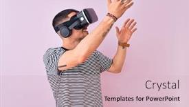 Presentation with simulation - Cool new theme with young man playing video game wearing virtual reality glasses looking at virtual simulation amazed and smiling happy backdrop and a soft green colored foreground