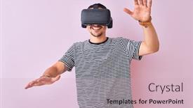  Presentation with simulation - Presentation theme consisting of young man playing video game wearing virtual reality glasses looking at virtual simulation amazed and smiling happy background and a soft green colored foreground