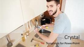  Presentation with water tap - Cool new presentation theme with young man plumber fixing water backdrop and a coral colored foreground