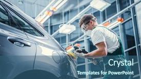  Presentation with car service - PPT theme enhanced with young man polishing car in service background and a ocean colored foreground