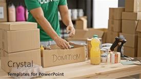  Presentation with community service - PPT theme having young-man-prepares-a-donation background and a coral colored foreground