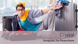  Presentation with vacation - Cool new PPT layouts with young-man-preparing-for-vacation backdrop and a light gray colored foreground