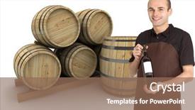  Presentation with barrels - Colorful presentation design enhanced with young man presenting a wine bottle with barrels at the background backdrop and a violet colored foreground