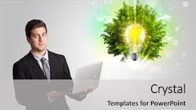  Presentation with light green - Audience pleasing theme consisting of young man presenting idea light bulb with green tree concept backdrop and a light gray colored foreground