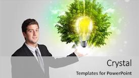  Presentation with light green - Cool new slide deck with young man presenting idea light bulb with green tree concept backdrop and a light gray colored foreground