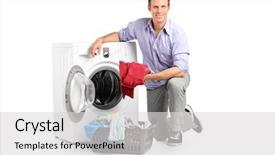  Presentation with clothes washing machine - Cool new PPT layouts with young man putting clothes into washing machine and smiling isolated on white background backdrop and a light gray colored foreground