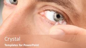  Presentation with contact lens - Slide deck consisting of young man putting contact lens in his eye closeup background and a coral colored foreground
