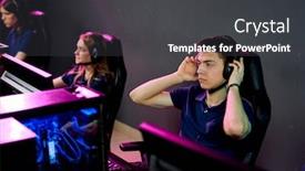  Presentation with computer network - Colorful presentation design enhanced with young-man-putting-headset backdrop and a dark gray colored foreground