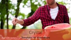  Presentation with outdoor party - Slide set having young man putting spices on raw meat for barbecue grill during outdoor french dinner party near the river on beautiful summer evening in nature background and a red colored foreground