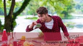  Presentation with outdoor party - Presentation design featuring young man putting spices on raw meat for barbecue grill during outdoor french dinner party near the river on beautiful summer evening in nature background and a red colored foreground