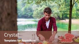  Presentation with outdoor party - Cool new PPT theme with young man putting spices on raw meat for barbecue grill during outdoor french dinner party near the river on beautiful summer evening in nature backdrop and a tawny brown colored foreground