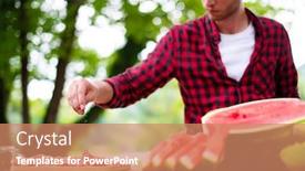  Presentation with outdoor party - Amazing presentation design having young man putting spices on raw meat for barbecue grill during outdoor french dinner party near the river on beautiful summer evening in nature backdrop and a coral colored foreground