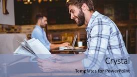  Presentation with coffee shop - Slide set enhanced with young man reading a newspaper background and a light blue colored foreground