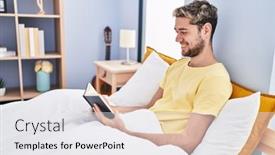  Presentation with book - PPT theme featuring young-man-reading-book-sitting background and a  colored foreground