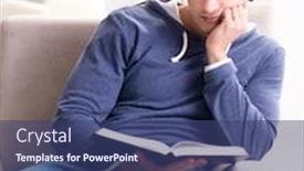  Presentation with audio book - Slide deck having young man reading book and listening to audio book background and a ocean colored foreground