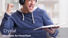  Presentation with audio book - Presentation design consisting of young man reading book and listening to audio book background and a ocean colored foreground