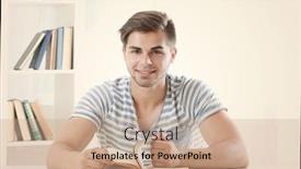  Presentation with reading table - Amazing slide set having young man reading book at table in room backdrop and a coral colored foreground