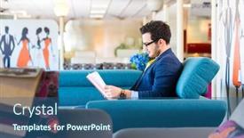  Presentation with testing - Theme enhanced with young man reading hand-out and testing sofa in furniture store background and a ocean colored foreground