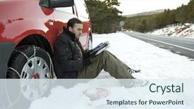  Presentation with chains - Audience pleasing PPT layouts consisting of young man reading instructions to install snow chains on his car backdrop and a sky blue colored foreground
