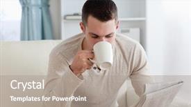  Presentation with news - Amazing PPT theme having young man reading the news while having a coffee in his living room backdrop and a gray colored foreground