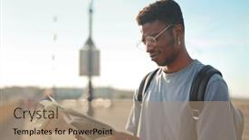  Presentation with newspaper - Presentation featuring young-man-reads-a-newspaper background and a coral colored foreground