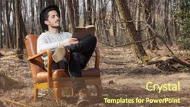  Presentation with novel - Presentation design consisting of young man reads a novel in the woods portrait background and a tawny brown colored foreground