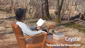  Presentation with novel - Slide set with young man reads a novel in the woods portrait background and a coral colored foreground
