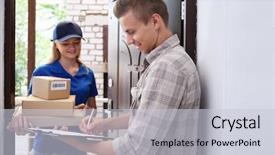  Presentation with courier firm financial analysis - Beautiful PPT layouts featuring receiver - young man receiving package backdrop and a lemonade colored foreground