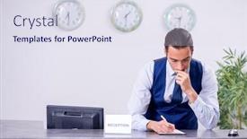  Presentation with receptionist - Beautiful slide deck featuring young man receptionist at the hotel counter backdrop and a sky blue colored foreground