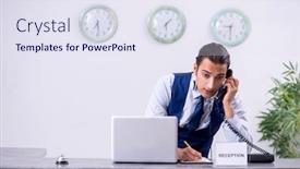  Presentation with receptionist - PPT theme with young man receptionist at the hotel counter background and a sky blue colored foreground