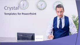  Presentation with receptionist - Amazing slide set having young man receptionist at the hotel counter backdrop and a sky blue colored foreground