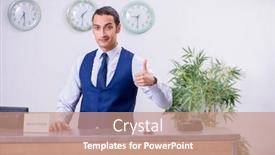  Presentation with receptionist - Audience pleasing PPT theme consisting of young man receptionist at the hotel counter backdrop and a coral colored foreground