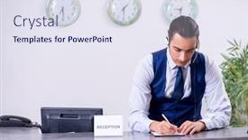  Presentation with receptionist - PPT theme enhanced with young-man-receptionist background and a sky blue colored foreground