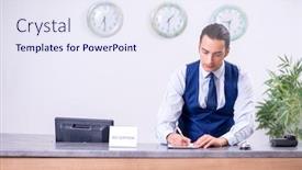  Presentation with receptionist - Audience pleasing theme consisting of young-man-receptionist backdrop and a sky blue colored foreground