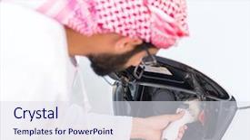  Presentation with electric car - Amazing PPT theme having young man recharging electric car backdrop and a sky blue colored foreground