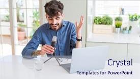  Presentation with podcast - Presentation design enhanced with young man recording podcast using background and a sky blue colored foreground