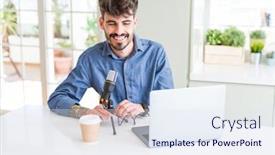  Presentation with podcast - Colorful presentation theme enhanced with young man recording podcast using microphone and laptop with a happy and cool smile on face lucky person backdrop and a sky blue colored foreground