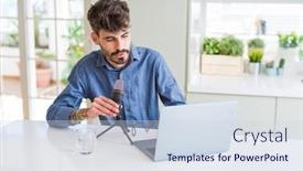  Presentation with podcast - Cool new presentation theme with young man recording podcast using microphone and laptop with a confident expression on smart face thinking serious backdrop and a sky blue colored foreground