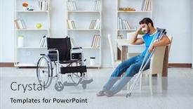  Presentation with surgery - PPT theme with young man recovering after surgery at home with crutches and a w background and a light blue colored foreground
